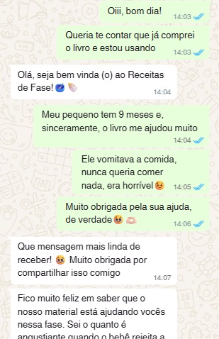 Depoimento de mãe pelo WhatsApp contando que o livro ajudou muito com o bebê de 9 meses