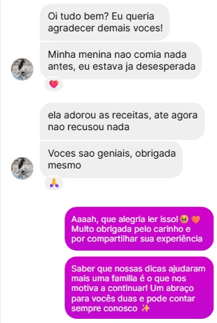 Depoimento de mãe pelo Instagram contando que a filha adorou as receitas